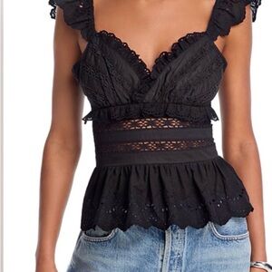 AQUA Black Lace Eyelet Flutter Peplum Tank Top